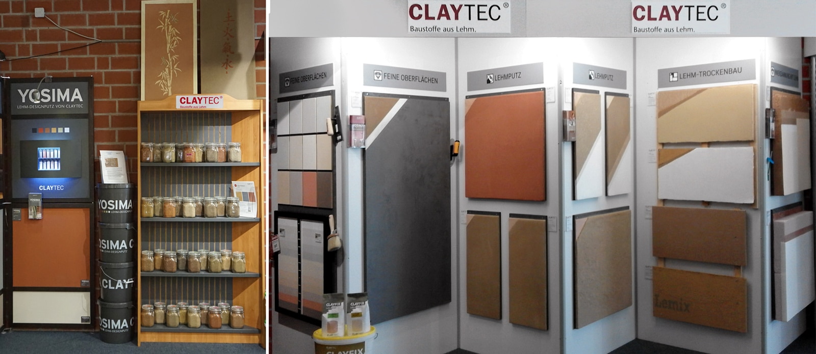 Produktausstellung von Lehmprodukten der Firma CLAYTEC